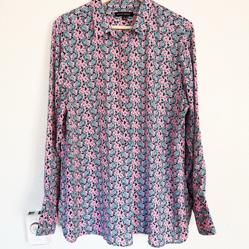 Banana Republic Floral Popover Blouse Pink Blue Women’s XL